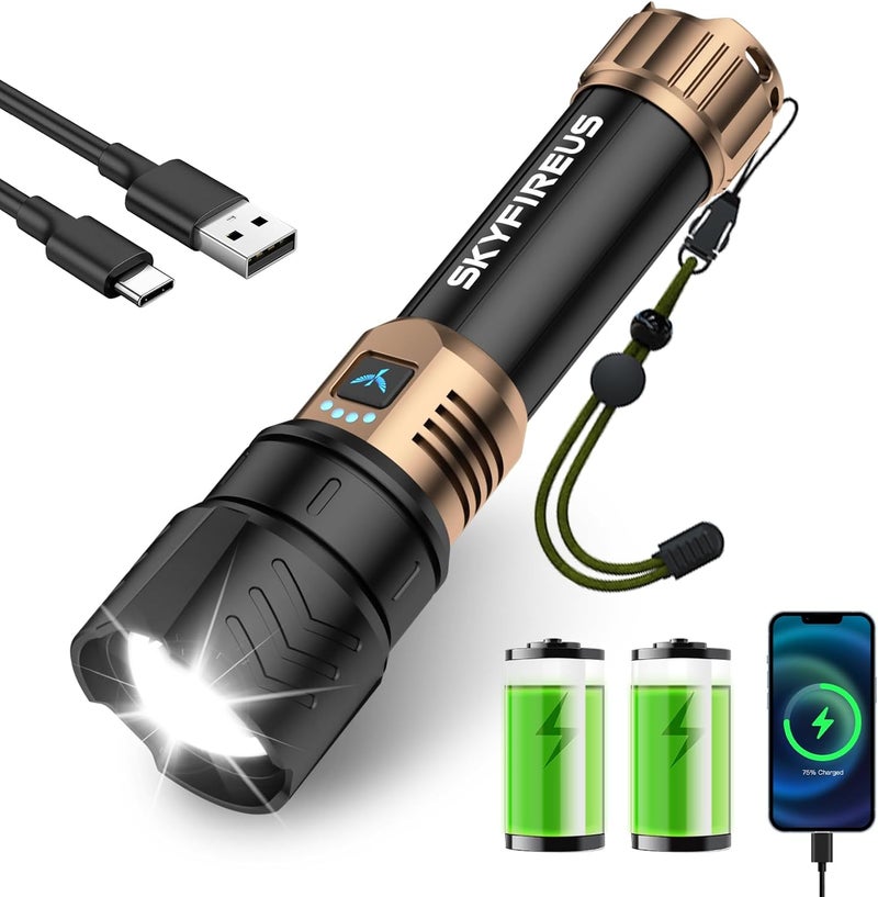 SkyFire Rechargeable Flashlight High Lumens,10000mAh Super Bright Flashlight,Zoomable,Four Modes,Waterproof LED Flash Light for Camping Essentials,Outdoor and Home Emergencies - Image 1